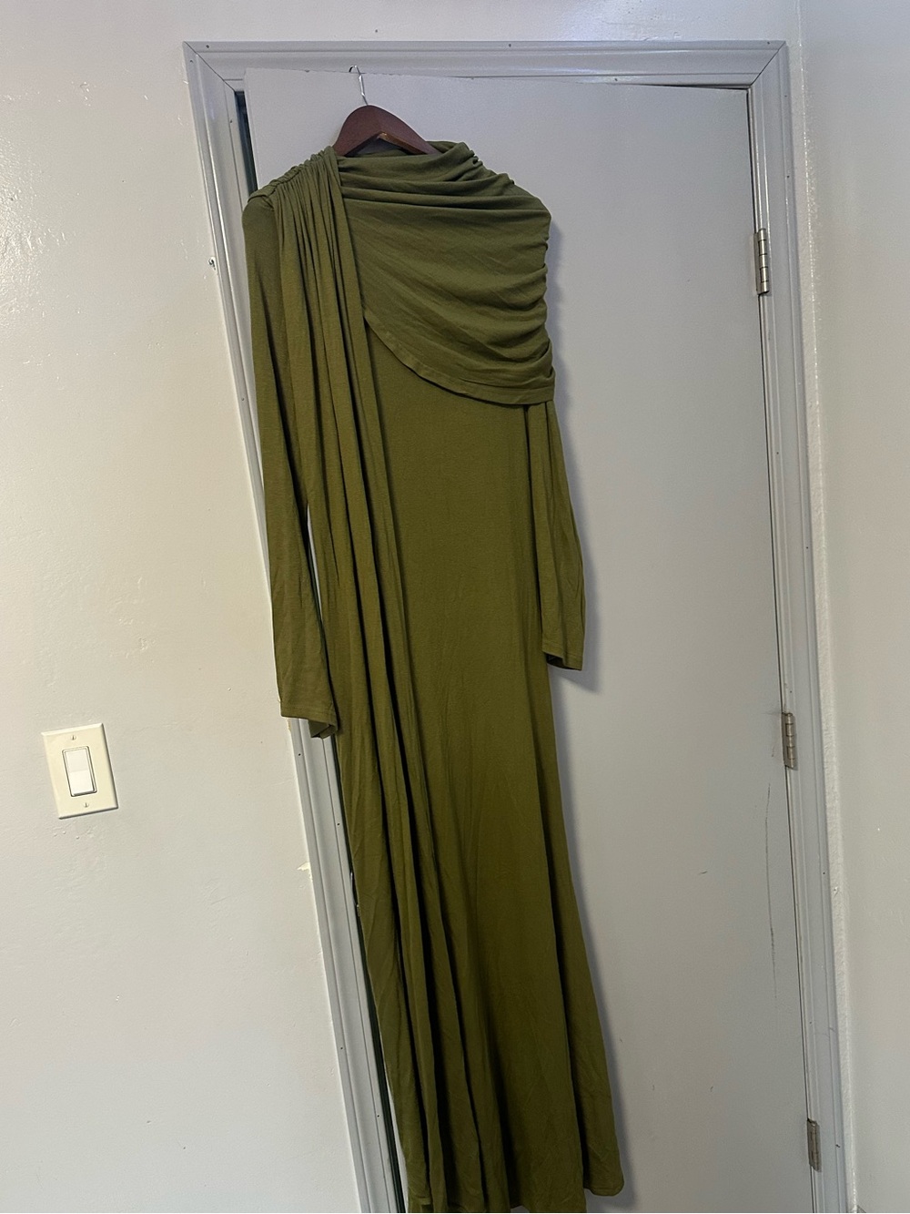 Olive Green Draped Maxi Dress with Ruched Details - Picture 3 of 5